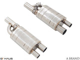 A-Brand universal exhaust system featuring polished stainless steel construction and dual outlet design for enhanced performance.