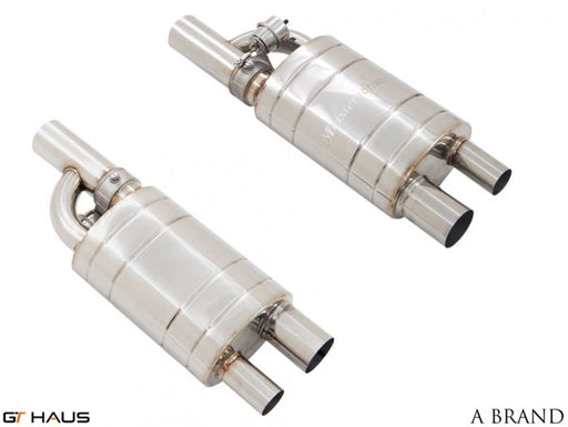 A-Brand universal exhaust system featuring polished stainless steel construction and dual outlet design for enhanced performance.