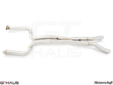 Chevrolet Camaro 2016+ full cat-back X-pipe with LSR mid resonator delete pipes, featuring polished stainless steel construction.