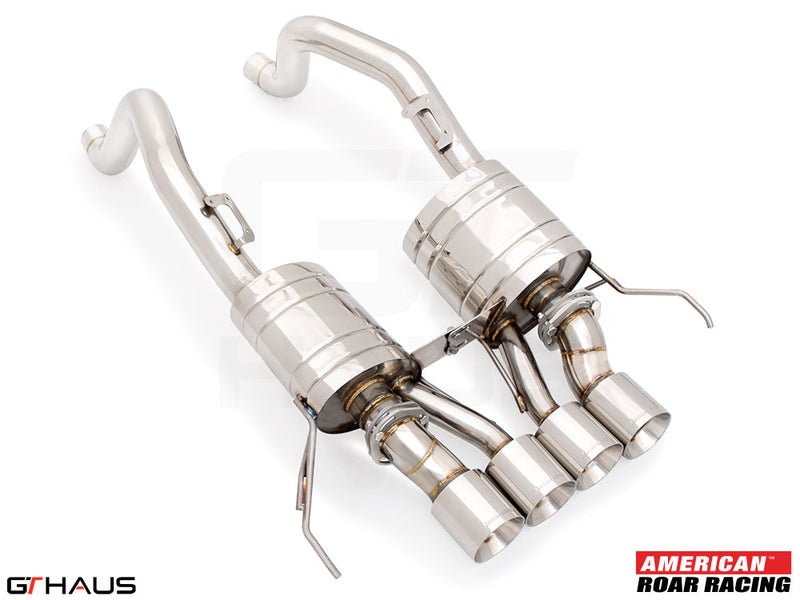 Premium exhaust system for Chevrolet Corvette C7 Stingray V8 coupe and convertible, featuring stainless steel construction and dual tips.