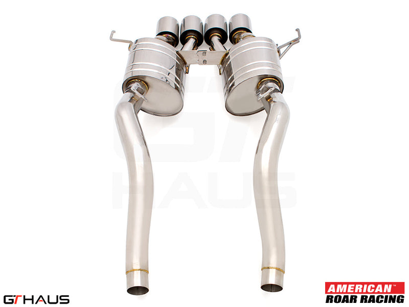 Premium exhaust system for Chevrolet Corvette C7 Stingray V8 coupe and convertible, featuring dual tips and stainless steel construction.