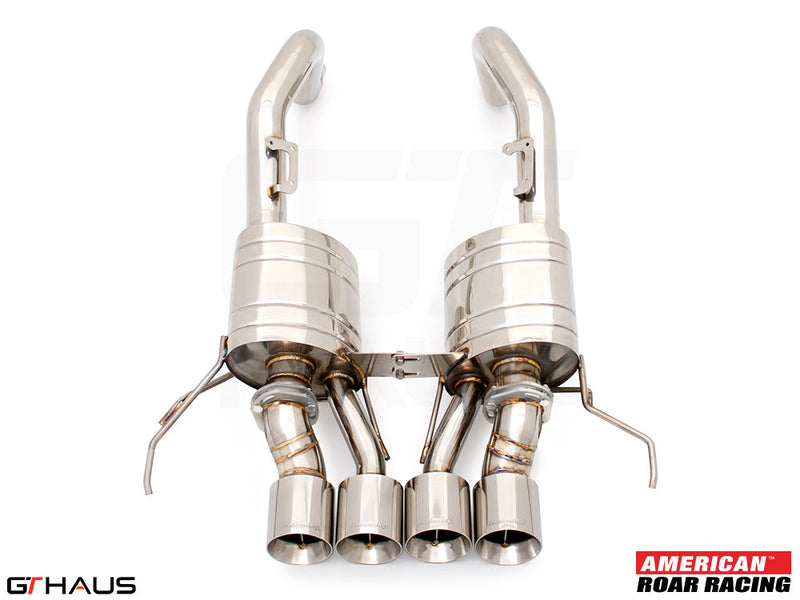 Premium exhaust system for Chevrolet Corvette C7 Stingray V8 coupe and convertible, featuring dual tips and stainless steel construction.