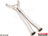 Full cat-back X-pipe for 2014-2019 Chevrolet Corvette C7 Stingray V8, featuring LSR mid resonator delete pipes in stainless steel.
