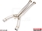 Full cat-back X-pipe for 2014-2019 Chevrolet Corvette C7 Stingray V8, featuring LSR mid resonator delete pipes in polished stainless steel.