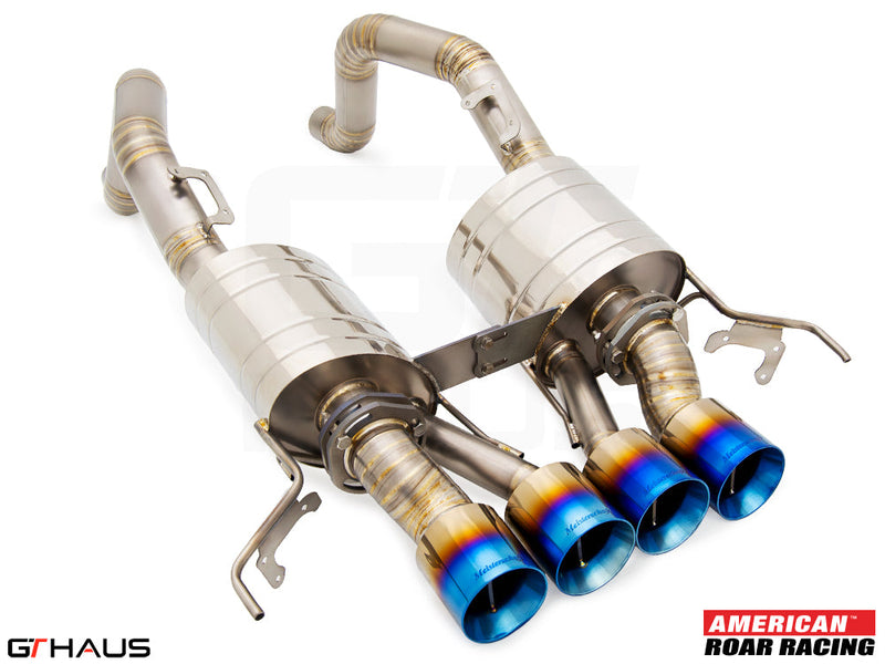 Premium stainless steel exhaust system for Chevrolet Corvette C7 Stingray V8, featuring blue-tipped quad tips and advanced design.