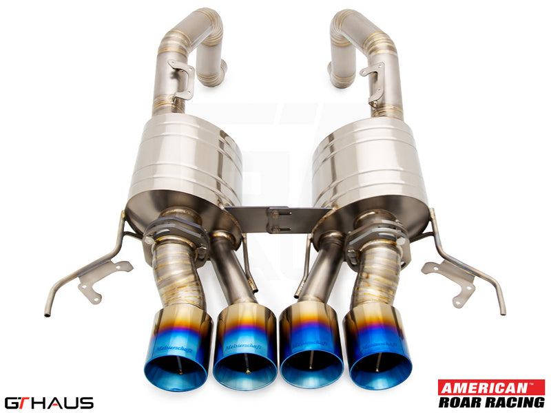 Premium exhaust system for Chevrolet Corvette C7 Stingray V8 coupe and convertible, featuring stainless steel construction and blue-tipped tips.