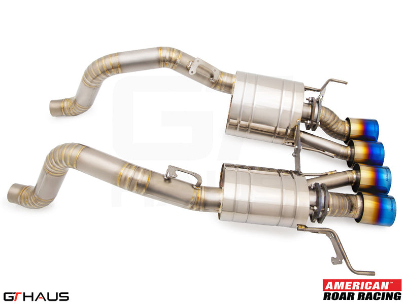 Premium exhaust system for 2015-2019 Chevrolet Corvette C7 Z06 V8, featuring stainless steel construction and blue-tipped tips.