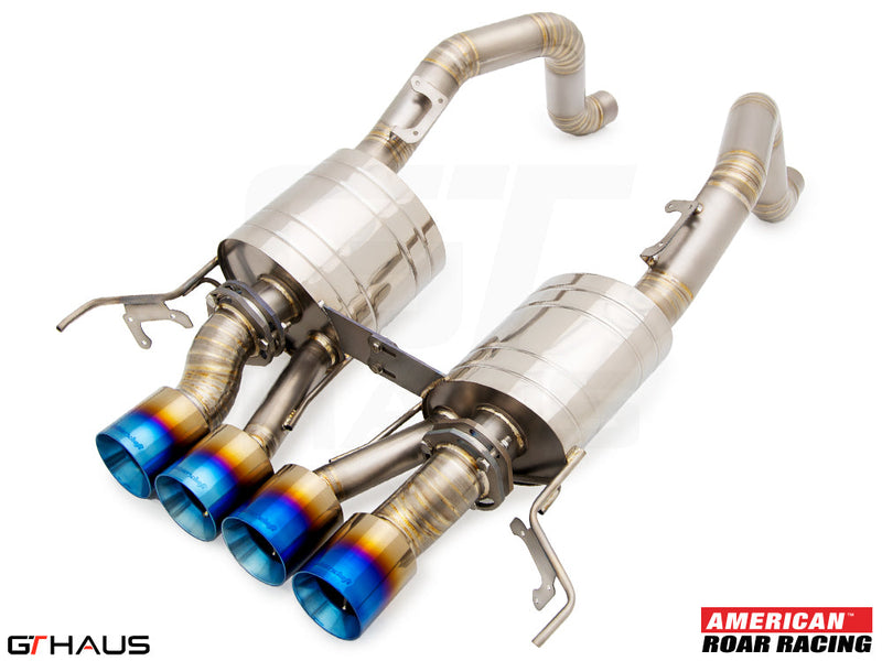 Premium performance exhaust system for 2015-2019 Chevrolet Corvette C7 Z06 V8, featuring stainless steel construction and blue-tipped outlets.