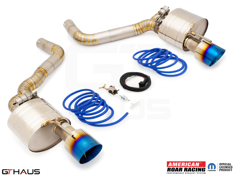 Premium exhaust system for Chrysler 300C SRT8 featuring stainless steel construction and blue-tipped exhaust tips.