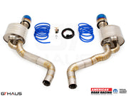 Premium exhaust system for Chrysler 300C SRT8 featuring dual tips, blue accents, and performance components.