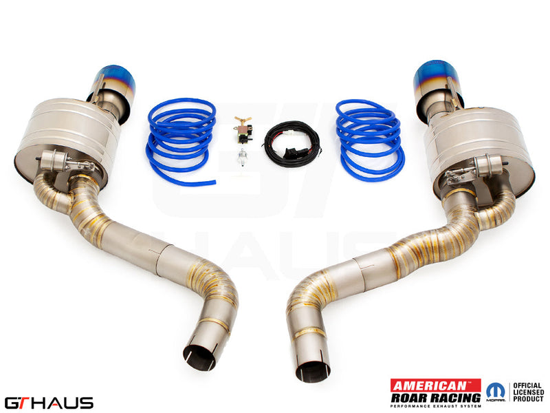 Premium exhaust system for Chrysler 300C SRT8 featuring dual tips, blue accents, and performance components.