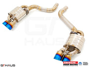 Premium performance exhaust system for Dodge Challenger DEMON, Redeye, and Jail Break, featuring stainless steel construction and blue-tipped outlets.