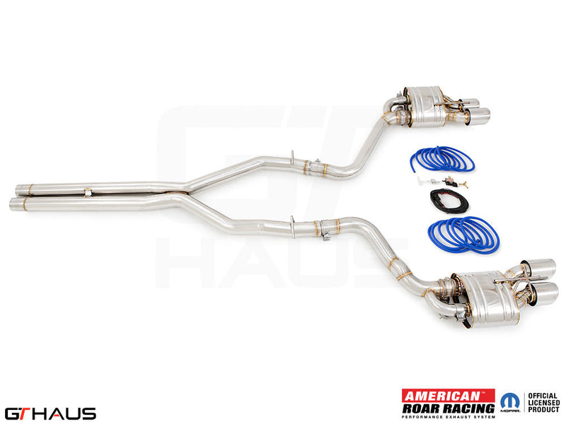 Premium performance exhaust system for Dodge Challenger SRT8, Scat-pack, and Hellcat 707, featuring stainless steel construction.