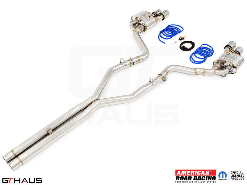 Premium performance exhaust system for Dodge Challenger SRT8, Scat-pack, and Hellcat 707, featuring stainless steel construction.