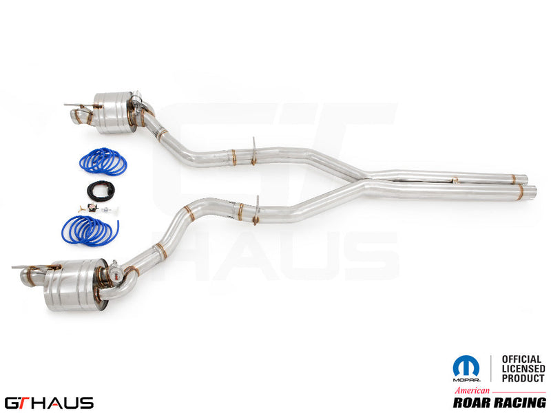 Premium performance exhaust system for Dodge Challenger SRT8, Scat-pack, and Hellcat 707, featuring stainless steel construction.