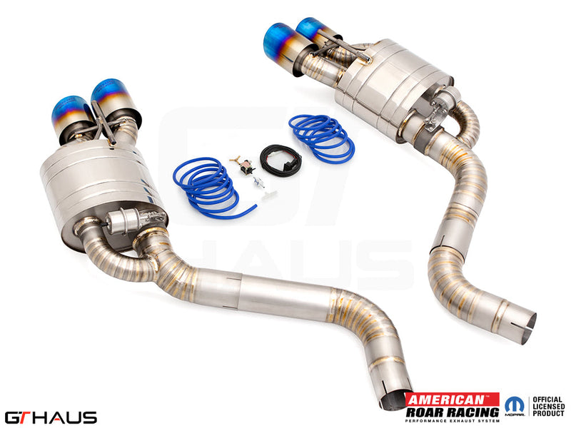 Premium performance exhaust system for Dodge Challenger SRT8, Scat-pack, and Hellcat 707, featuring dual tips and electronic valve control.