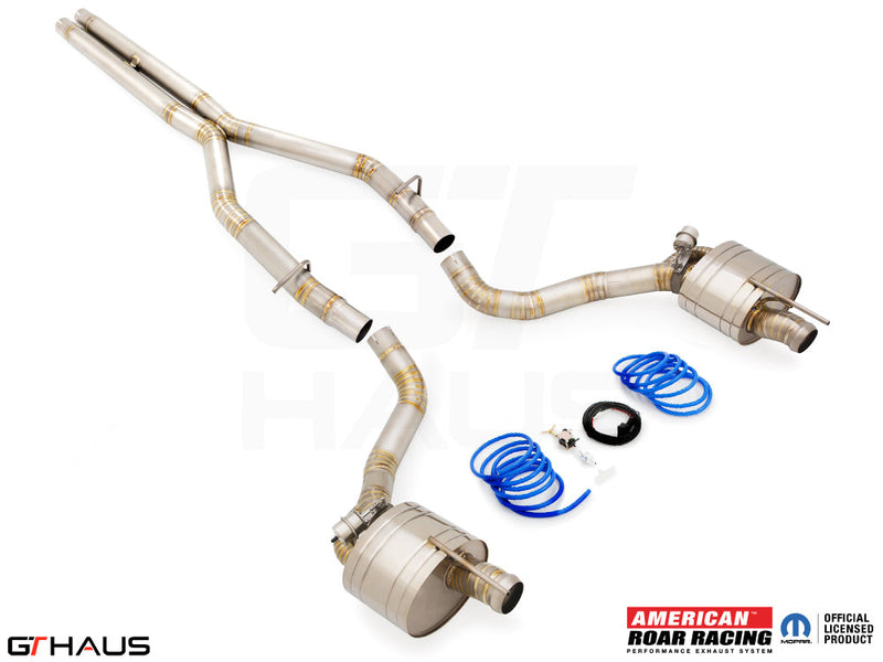 Premium performance exhaust system for Dodge Challenger SRT8, Scat-pack, and Hellcat 707, featuring stainless steel construction.