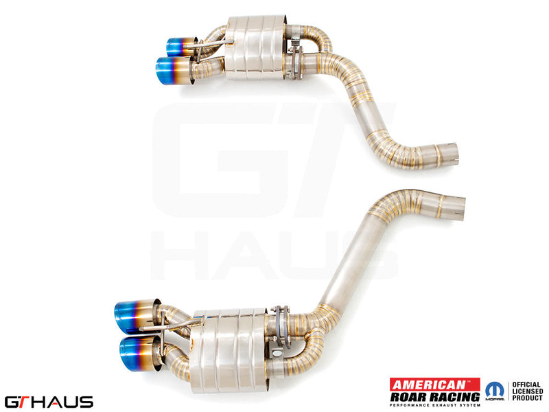 Premium exhaust system for Dodge Challenger SRT8, Scat-pack, and Hellcat 707, featuring dual tips and high-performance design.
