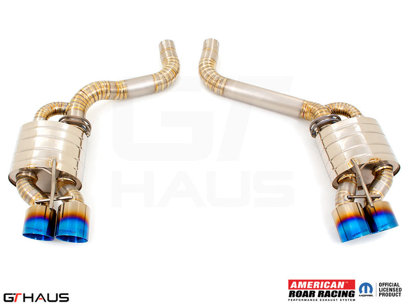 Premium performance exhaust system for Dodge Challenger SRT8, Scat-pack, and Hellcat 707, featuring dual tips.