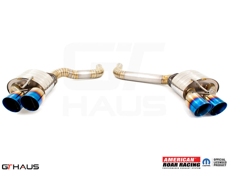 Premium exhaust system for Dodge Challenger SRT8, Scat-pack, and Hellcat 707, featuring dual blue-tipped outlets.