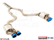 Premium performance exhaust system for Dodge Challenger SRT8, Scat-pack, and Hellcat 707, featuring stainless steel construction and blue-tipped exhaust tips.