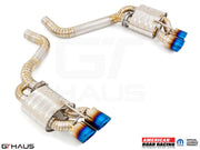 Premium performance exhaust system for Dodge Challenger SRT8, featuring stainless steel construction and blue-tipped exhaust tips.