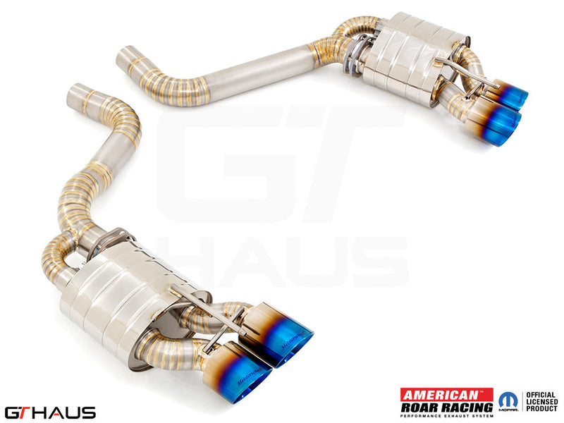 Premium performance exhaust system for Dodge Challenger SRT8, featuring stainless steel construction and blue-tipped exhaust tips.
