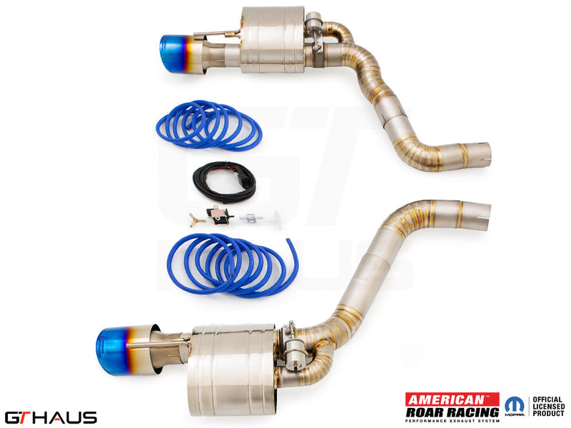 Premium performance exhaust system for Dodge Charger SRT8, Scat-pack, Hellcat 707, and Redeye 2015+, featuring blue-tipped tips.