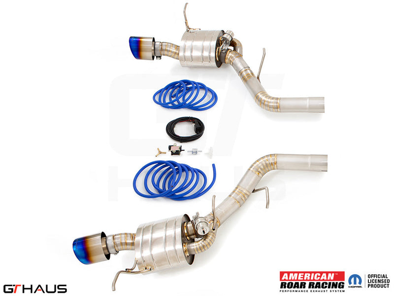 Premium exhaust system for 2021+ Dodge Durango Hellcat featuring stainless steel construction and blue-tipped exhaust tips.