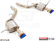 Premium exhaust system for 2021+ Dodge Durango Hellcat featuring T304 stainless steel and blue-tipped exhaust tips.