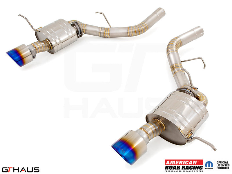 Premium performance exhaust system for 2012+ Dodge Durango R/T featuring polished stainless steel and blue-tipped exhaust tips.