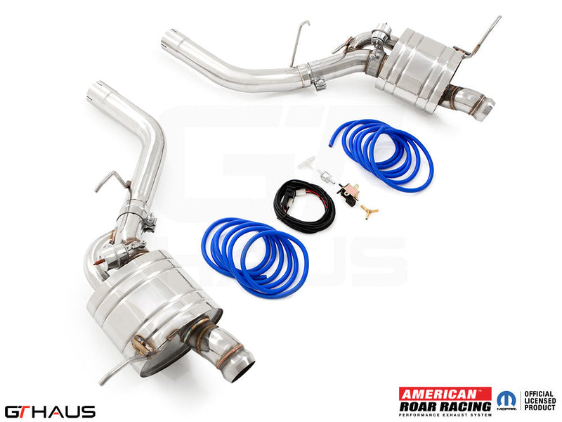 Performance exhaust system for 2017+ Dodge Durango SRT8 featuring dual stainless steel pipes and electronic valve control.