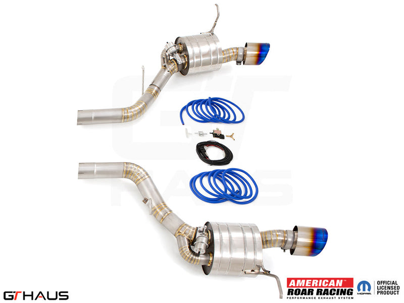 Premium performance exhaust system for 2017+ Dodge Durango SRT8 with 6.4 HEMI V8, featuring stainless steel construction and blue accents.