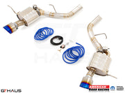 Premium performance exhaust system for 2017+ Dodge Durango SRT8 featuring 6.4 HEMI V8, with stainless steel construction and blue accents.