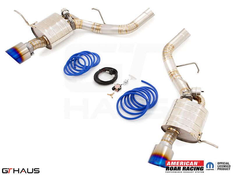 Premium performance exhaust system for 2017+ Dodge Durango SRT8 featuring 6.4 HEMI V8, with stainless steel construction and blue accents.
