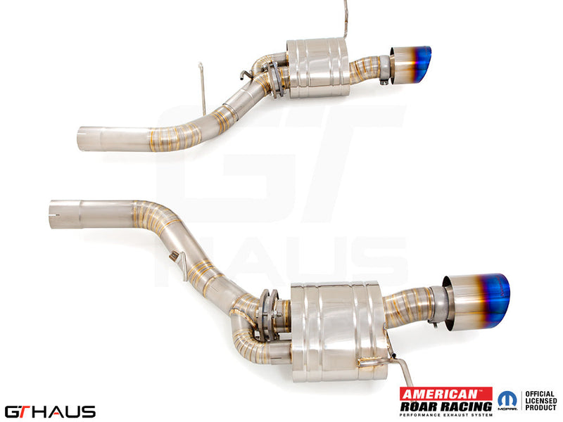 Premium performance exhaust system for 2017+ Dodge Durango SRT8 with 6.4 HEMI V8, featuring stainless steel construction and blue-tipped exhaust tips.