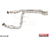 High-performance down pipes for 2023+ Ford F-150 Raptor R featuring OBD2 and 400 CEL sport cats for enhanced exhaust flow.