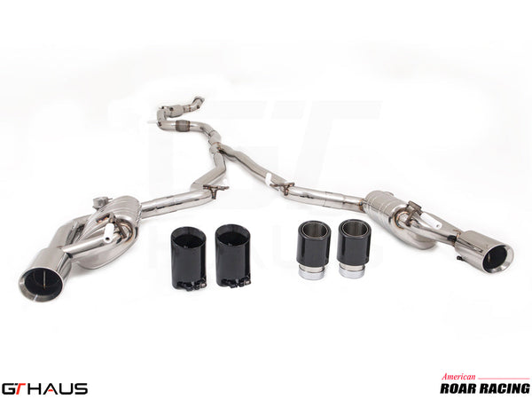 Premium stainless steel exhaust system for Ford Mustang EcoBoost I-4 2.3L (2015-2023) with dual tips and valve control.
