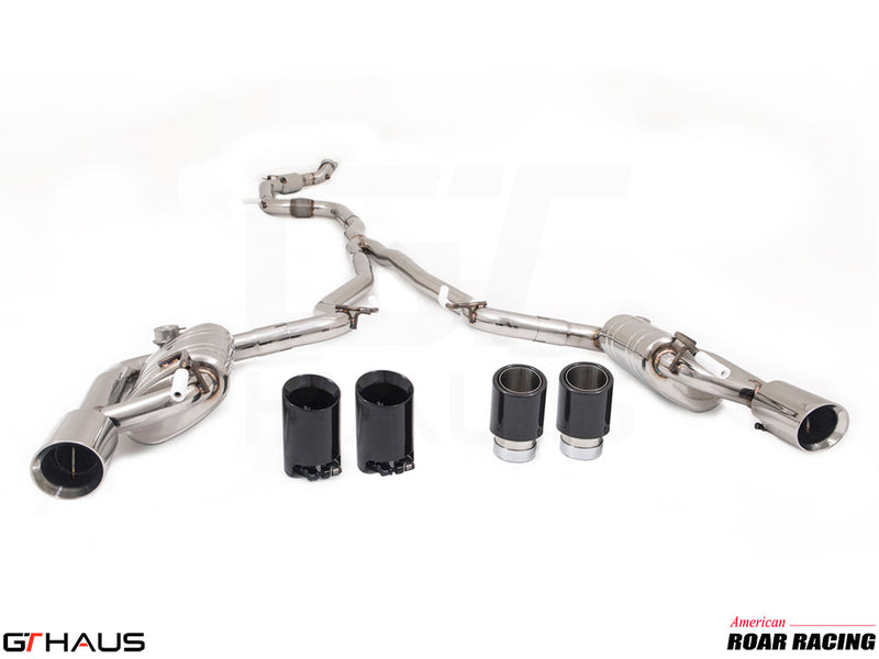 Premium stainless steel exhaust system for Ford Mustang EcoBoost I-4 2.3L (2015-2023) with dual tips and valve control.