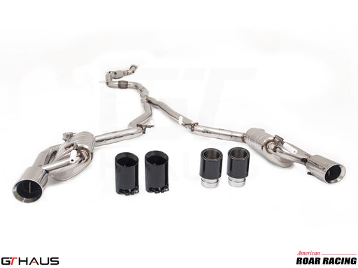 Premium stainless steel exhaust system for Ford Mustang EcoBoost I-4 2.3L (2015-2023) with dual tips and valve control.