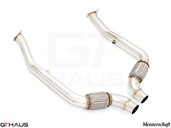 High-performance secondary cat delete front pipe for 2015+ Ford Mustang GT350 and GT350R, crafted for enhanced exhaust flow.
