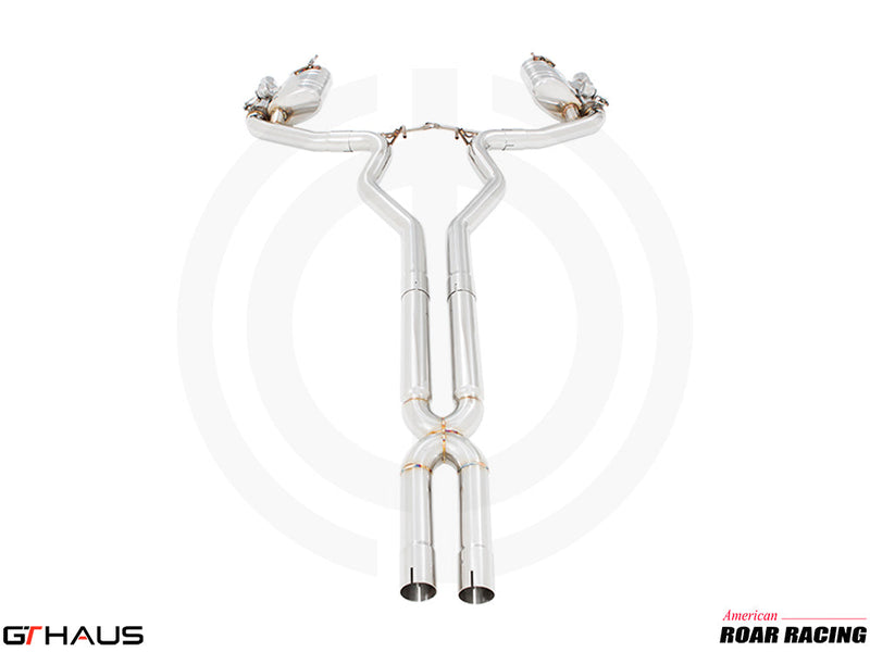 Premium stainless steel exhaust system for Ford Mustang GT350 and GT350R, featuring dual tips and performance design.