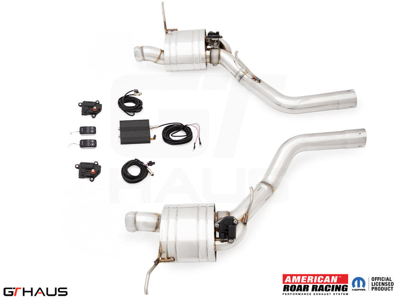Premium performance exhaust system for 2012+ Jeep Grand Cherokee SRT8 with 6.4 HEMI V8, featuring electronic valve control.