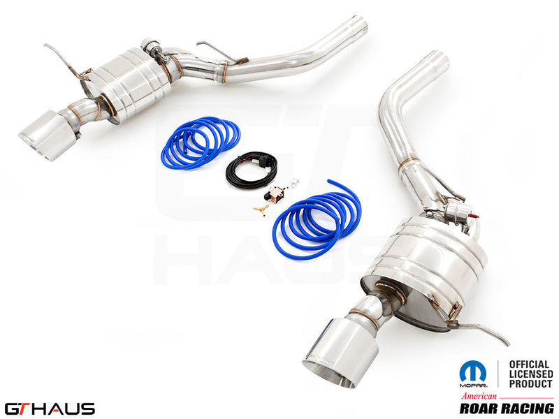 Premium performance exhaust system for 2012+ Jeep Grand Cherokee R/T with 5.7 HEMI V8, featuring stainless steel construction.