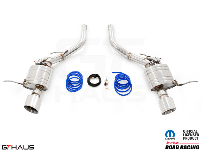 Premium performance exhaust system for Jeep Grand Cherokee R/T with 5.7 HEMI V8, featuring stainless steel construction.