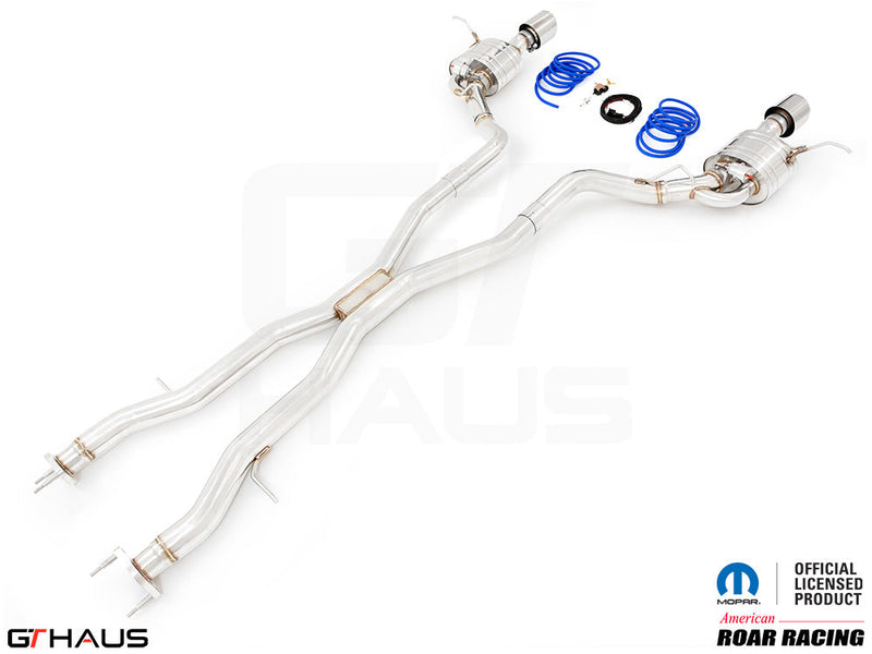 Premium performance exhaust system for 2012+ Jeep Grand Cherokee R/T with 5.7 HEMI V8, featuring stainless steel construction.
