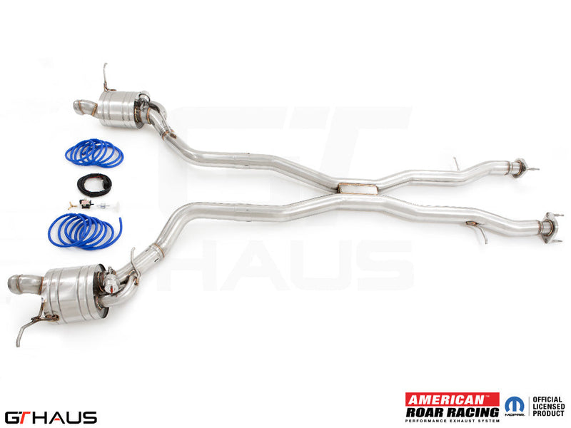 Premium performance exhaust system for 2012+ Jeep Grand Cherokee R/T with 5.7 HEMI V8, featuring stainless steel construction.