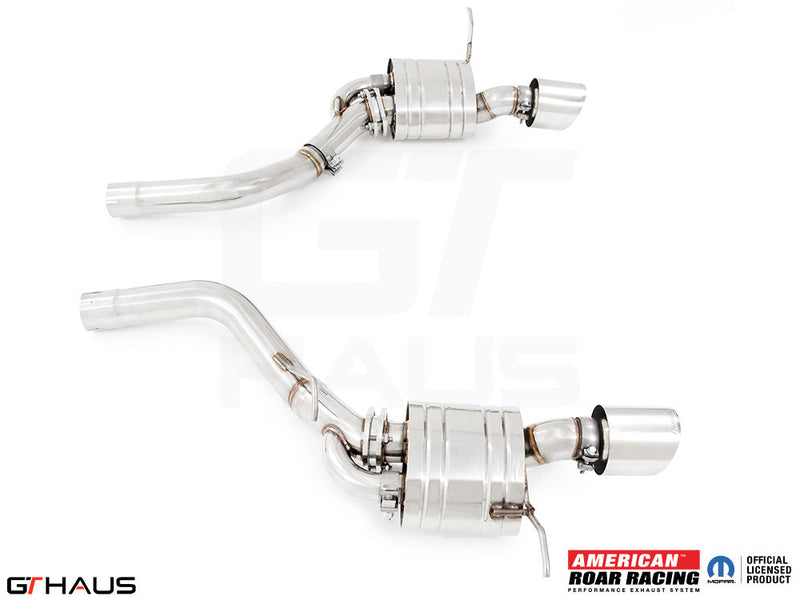 Premium performance exhaust system for 2012+ Jeep Grand Cherokee R/T with 5.7 HEMI V8, featuring stainless steel construction.