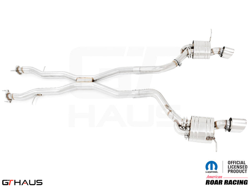 Premium performance exhaust system for 2012+ Jeep Grand Cherokee R/T with 5.7 HEMI V8, featuring stainless steel construction.