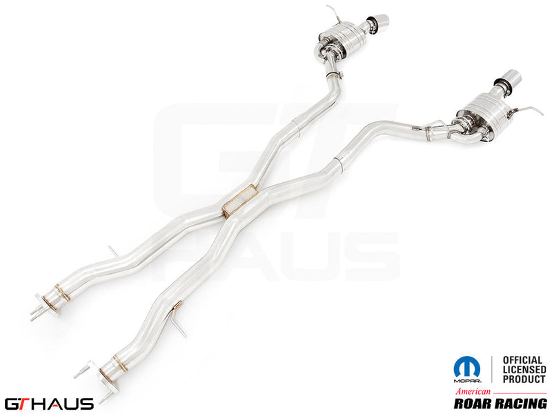 Premium performance exhaust system for Jeep Grand Cherokee R/T with 5.7 HEMI V8, featuring stainless steel construction and electronic valves.